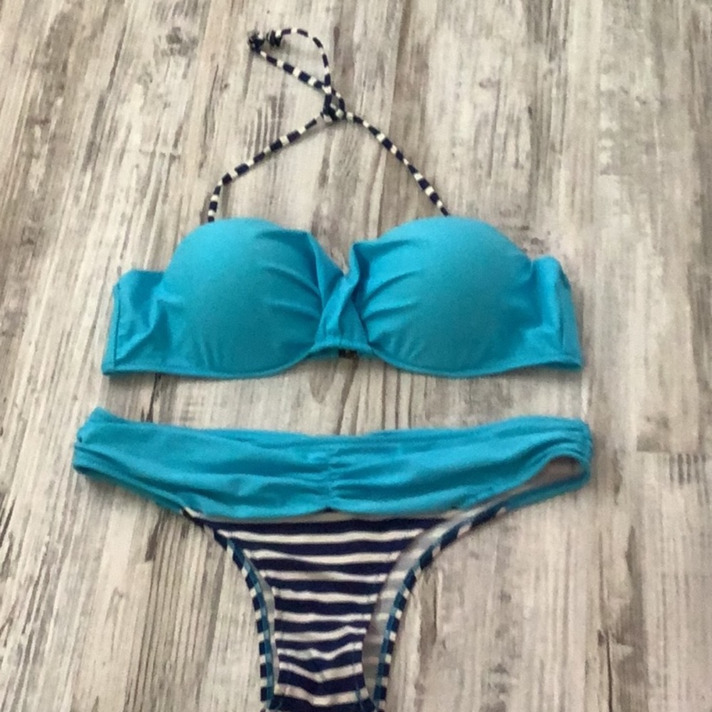 Bikini cheeky blue turquoise white size XL 12-14 NWOT padded top strips.…